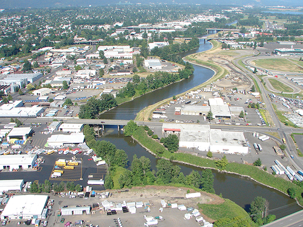 An aerial image of a levee system