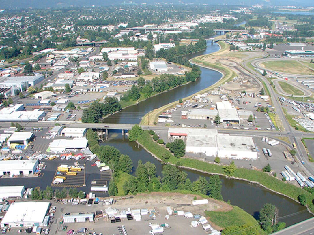 An aerial image of a levee system