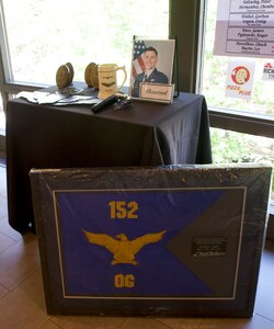 A commemorative stand provides remembrance to the fallen during the inaugural Col. Mike Fugett Memorial Golf Tournament held at the LakeRidge Golf Course in Reno, Aug. 5, 2024. Fugett suffered a heart attack that took his life one day after he started a fundraiser for the Northern Nevada Children’s Cancer Foundation.