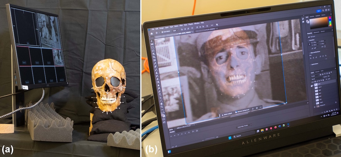 With the correct camera distance established, the skull was overlaid onto the photograph of Sgt. Duquesne.