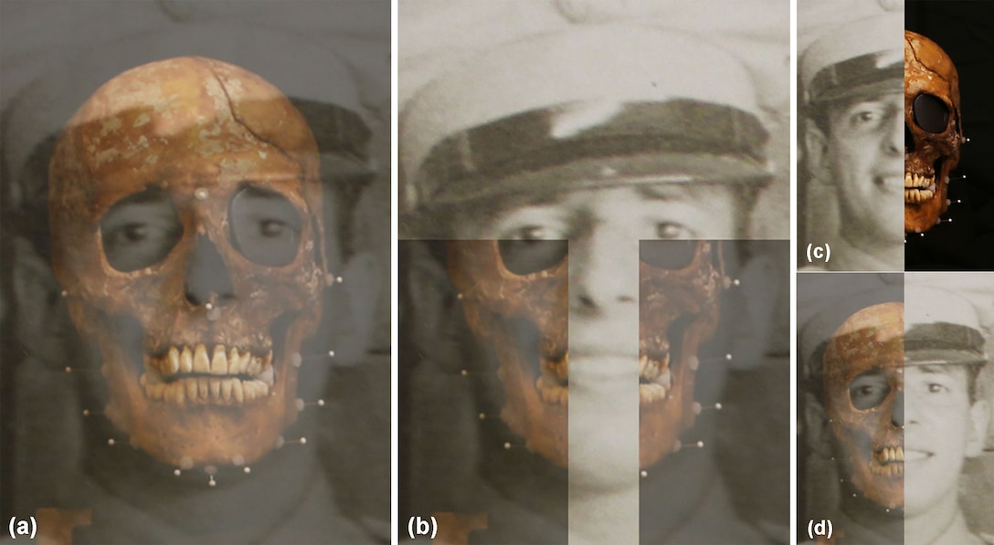 Additional views of the superimposition process show the skull carefully aligned with the photograph.