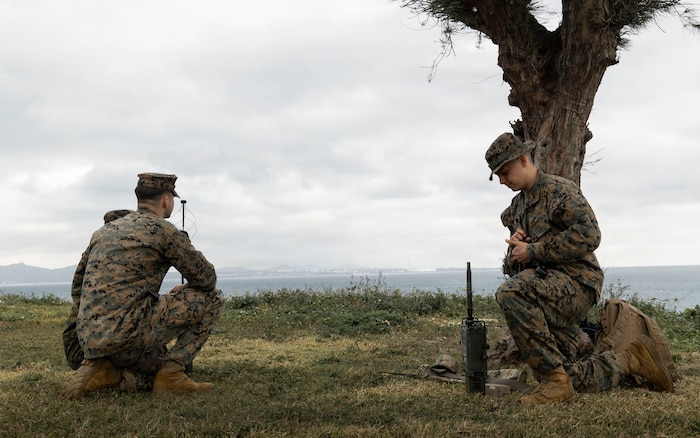 U.S. Marines with 5th Air Naval Gunfire Liaison Company, III Marine Expeditionary Force Information Group, set up transmission assets during a communication exercise at Camp Courtney, Okinawa, Japan, Feb. 11, 2026.