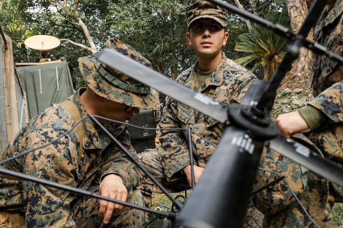 U.S. Marine Corps Lance Cpl. Taren Clemons, left, a native of Connecticut, and Lance Cpl. Edgar Padilla, a native of California, both transmissions system operators with 5th Air Naval Gunfire Liaison Company, III Marine Expeditionary Force Information Group, set up a field antenna during a communication exercise at Camp Hansen, Okinawa, Japan, Feb. 10, 2026.
