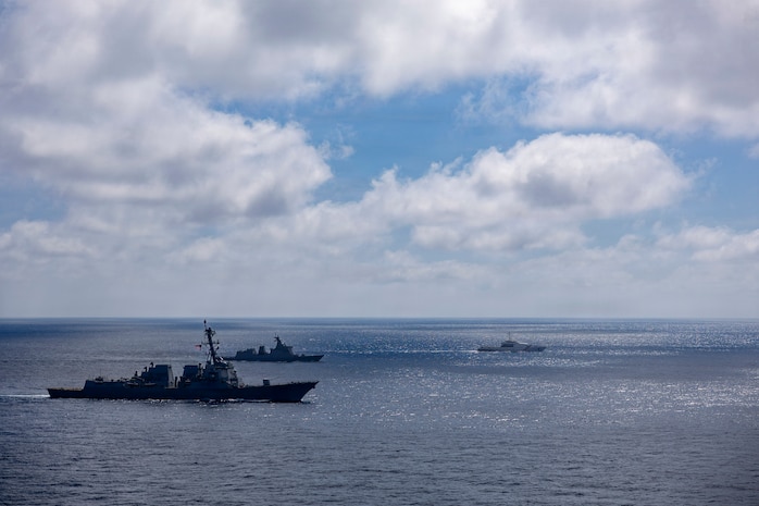 From left to right, U.S. Navy Arleigh Burke-class guided-missile destroyer USS Dewey (DDG 105), Philippine Navy Jose Rizal-class guided-missile frigate BRP Antonio Luna (FFG 151) and Philippine Coast Guard Gabriela Silang-class offshore patrol vessel BRP Gabriela Silang (OPV 8301) steam in formation in the Philippine Sea, during the multilateral Maritime Cooperative Activity (MCA) alongside Japan and the Philippines in the Philippines’ Exclusive Economic Zone, Feb. 25, 2026.