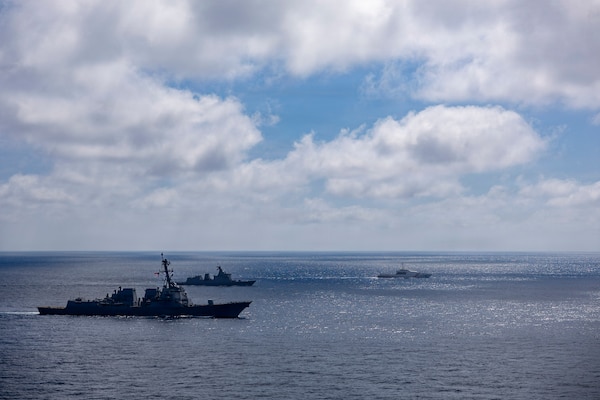 From left to right, U.S. Navy Arleigh Burke-class guided-missile destroyer USS Dewey (DDG 105), Philippine Navy Jose Rizal-class guided-missile frigate BRP Antonio Luna (FFG 151) and Philippine Coast Guard Gabriela Silang-class offshore patrol vessel BRP Gabriela Silang (OPV 8301) steam in formation in the Philippine Sea, during the multilateral Maritime Cooperative Activity (MCA) alongside Japan and the Philippines in the Philippines’ Exclusive Economic Zone, Feb. 25, 2026.