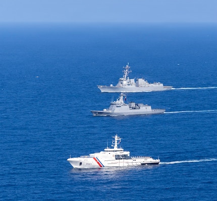From front to back, Philippine Coast Guard Gabriela Silang-class offshore patrol vessel BRP Gabriela Silang (OPV 8301), Philippine Navy Jose Rizal-class guided-missile frigate BRP Antonio Luna (FFG 151), and U.S. Navy Arleigh Burke-class guided-missile destroyer USS Dewey (DDG 105) steam in formation in the Philippine Sea, during the multilateral Maritime Cooperative Activity (MCA) alongside Japan and the Philippines in the Philippines’ Exclusive Economic Zone, Feb. 25, 2026.