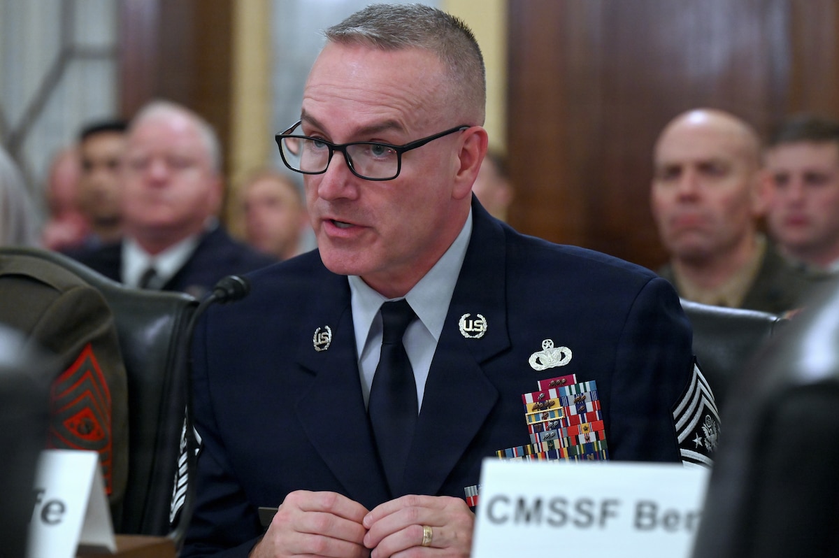 Chief Master Sgt. of the Air Force David R. Wolfe testifies before the Senate Armed Services Committee during a Personnel Subcommittee hearing on Capitol Hill, Washington, D.C., Feb. 11, 2026. Wolfe addressed quality-of-life initiatives, force development priorities, and the well-being of Airmen and their families. (U.S. Air Force photo by Chad Trujillo)