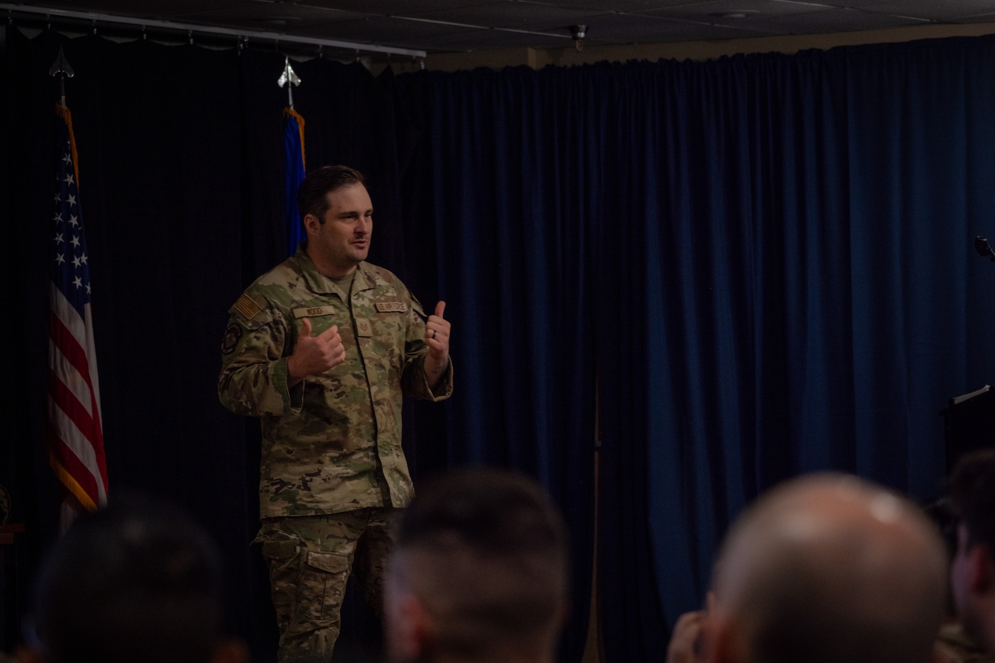 U.S. Air Force Tech. Sgt. Michael Wood, 21st Combat Air Base Squadron flight chief, briefs Airmen before a field training exercise during exercise Bamboo Eagle 26-1 at Dyess Air Force Base, Texas, Feb. 20, 2026.  During the field training exercise, Airmen practiced close quarters battle , force protection measures and tactical combat casualty care to strengthen survivability and small-unit effectiveness in contested environments. (U.S. Air Force photo by Airman 1st Class Adrien Tran)