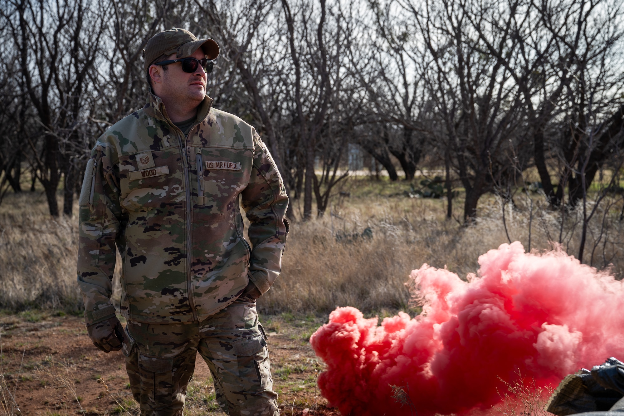U.S. Air Force Tech. Sgt. Michael Wood, 21st Combat Air Base Squadron flight chief, briefs Airmen ahead of a field training event during exercise Bamboo Eagle 26-1 at Dyess Air Force Base, Texas, Feb. 20, 2026. BE 26-1 strengthened Mission Ready Airmen initiatives by enabling members to perform duties outside of their core occupations while building the expeditionary skillsets required in austere environments. (U.S. Air Force photo by Airman 1st Class Adrien Tran)
