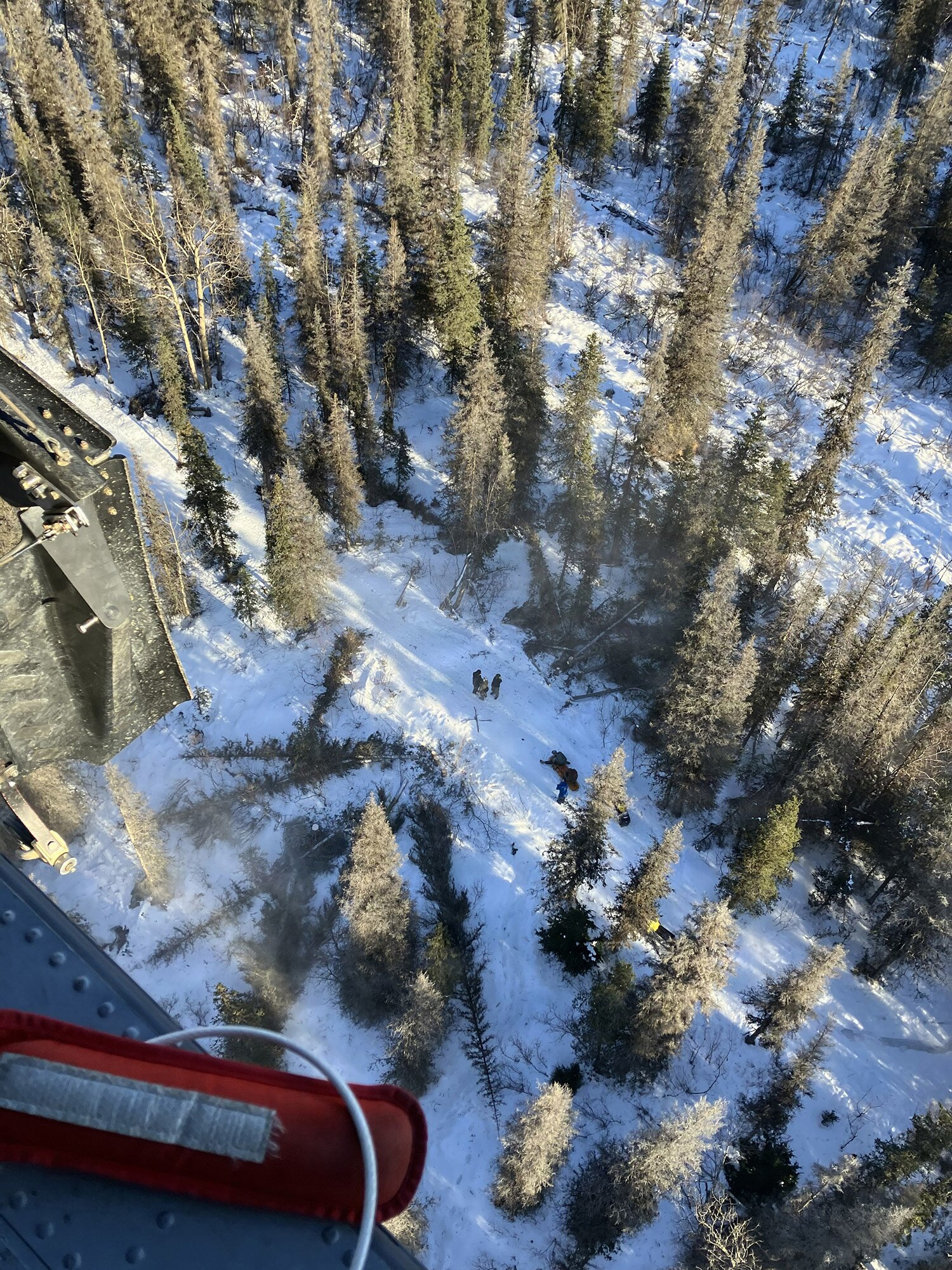 Alaska Air National Guard pararescuemen assigned to the 212th Rescue Squadron prepare to hoist an injured snowmachiner from a heavily wooded, mountainous area near Cooper Landing, Alaska, Feb. 21, 2026.