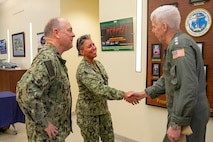 Capt. Samantha Dutily, chief of staff, NWDC, welcomed Adm. Karl Thomas, commander, USFF, at NWDC during MAKO Challenge 2026