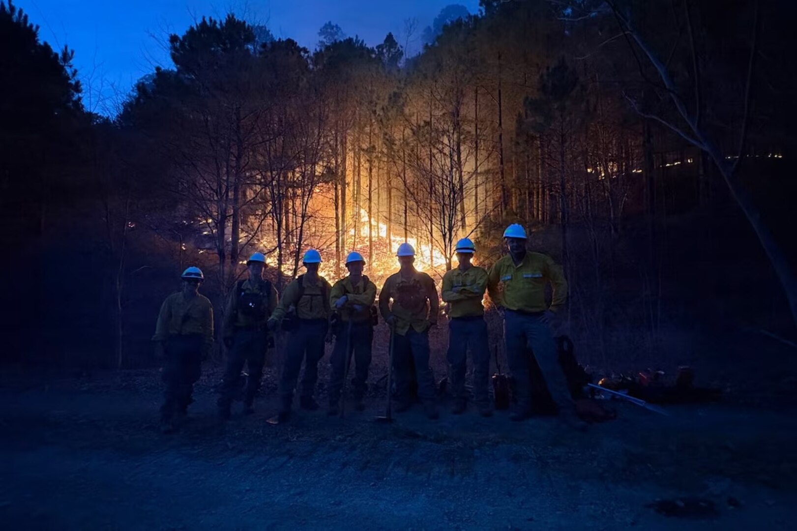 Oklahoma National Guard Wildland firefighters conduct a burnout near Talihina, Oklahoma, Feb. 25, 2026.