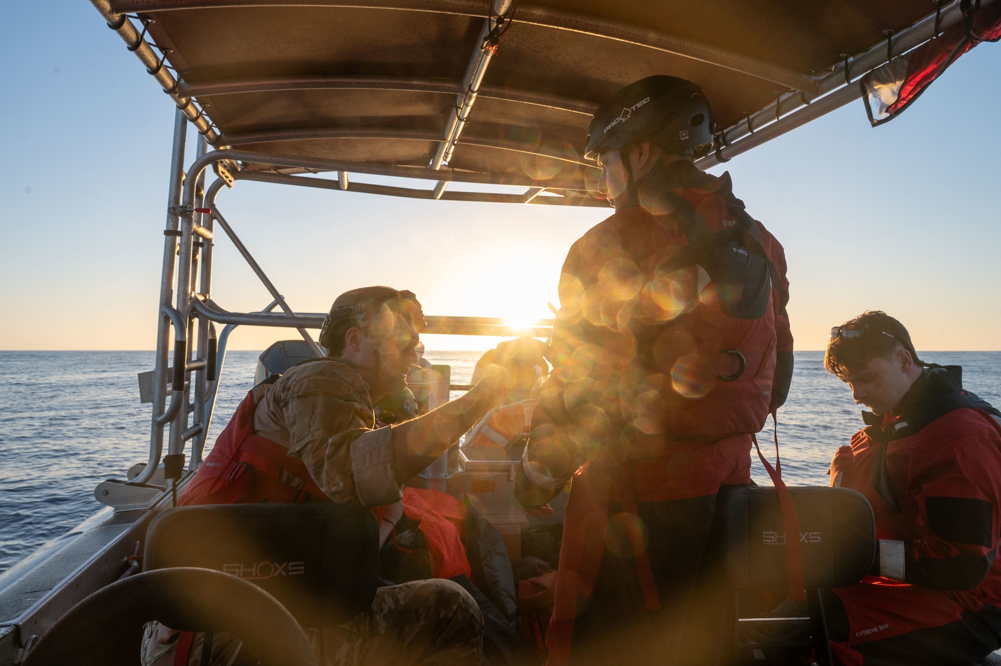 U.S. Air Force Airmen prepare their gear during Exercise Bamboo Eagle 26-1 off the coast of San Diego, California, Feb. 13, 2026. Airmen and Guardians are challenged to execute complex missions, ensuring their readiness to respond decisively to emerging threats and global challenges. (U.S. Air Force photo by Airman 1st Class Jaden Kidd)