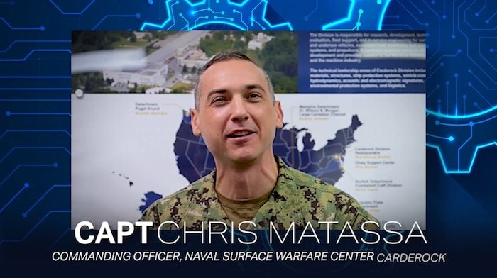 Capt. Chris Matassa, commanding officer, Naval Surface Warfare Center, Carderock Division, virtually addresses attendees during an Engineers Week event, “Transform Your Future,” Feb. 23, 2026.