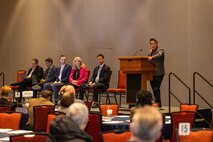 NORTH BETHESDA, Md. (Feb. 26, 2026) – Brendon “Cobie” Bondoc, right, a mechanical engineer at Naval Surface Warfare Center, Carderock Division (NSWCCD), moderates the Leadership Perspectives Panel during the SIDE 2026: A Deep Dive into 3D Scanning industry partnership forum. The panel brought together leaders from government, industry, and academia to discuss advancements in 3D scanning technology. Panelists included Dr. Davis McGregor from the University of Maryland, Dr. Bala Muralikrishnan from the National Institute of Standards and Technology (NIST), Jay Ong from Naval Sea Systems Command (NAVSEA), Michael Raphael from Direct Dimension, Inc., and Dr. Cindy Waters from NSWCCD. The event was co-hosted by the Carderock Capital Tech Bridge and the Pike District Partnership. Carderock, the Navy's innovation and ship design powerhouse, headquartered in West Bethesda, Maryland, is a world-class research and development facility specializing in critical ship and ship systems design. (U.S. Navy photo by Aaron Thomas)