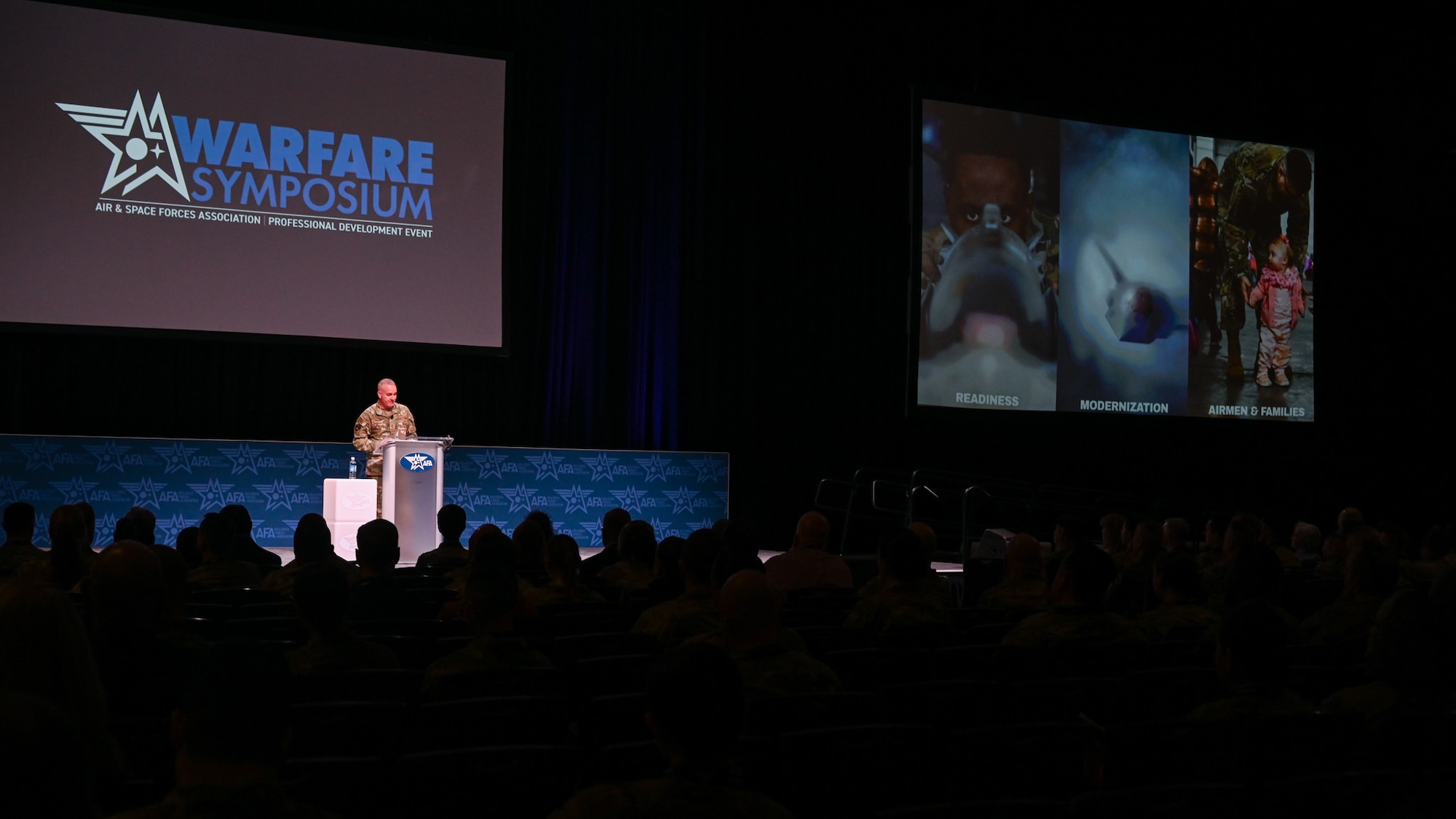 Chief Master Sgt. of the Air Force David Wolfe speaks at the Air Force Association Warfare Symposium Feb. 25, 2026. Wolfe spoke about competence, commitment and attitude. (U.S. Air Force photo by Tech. Sgt. Stuart Bright)