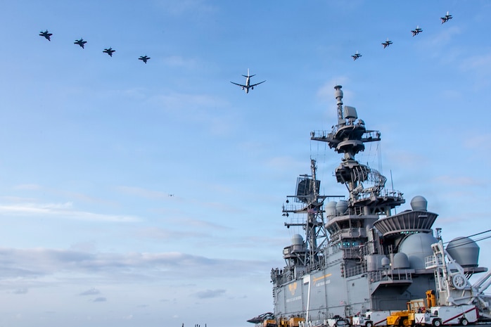 U.S. Air Force, Navy, and Marine Corps Aircraft Flyover USS Tripoli [Image 1 of 3]