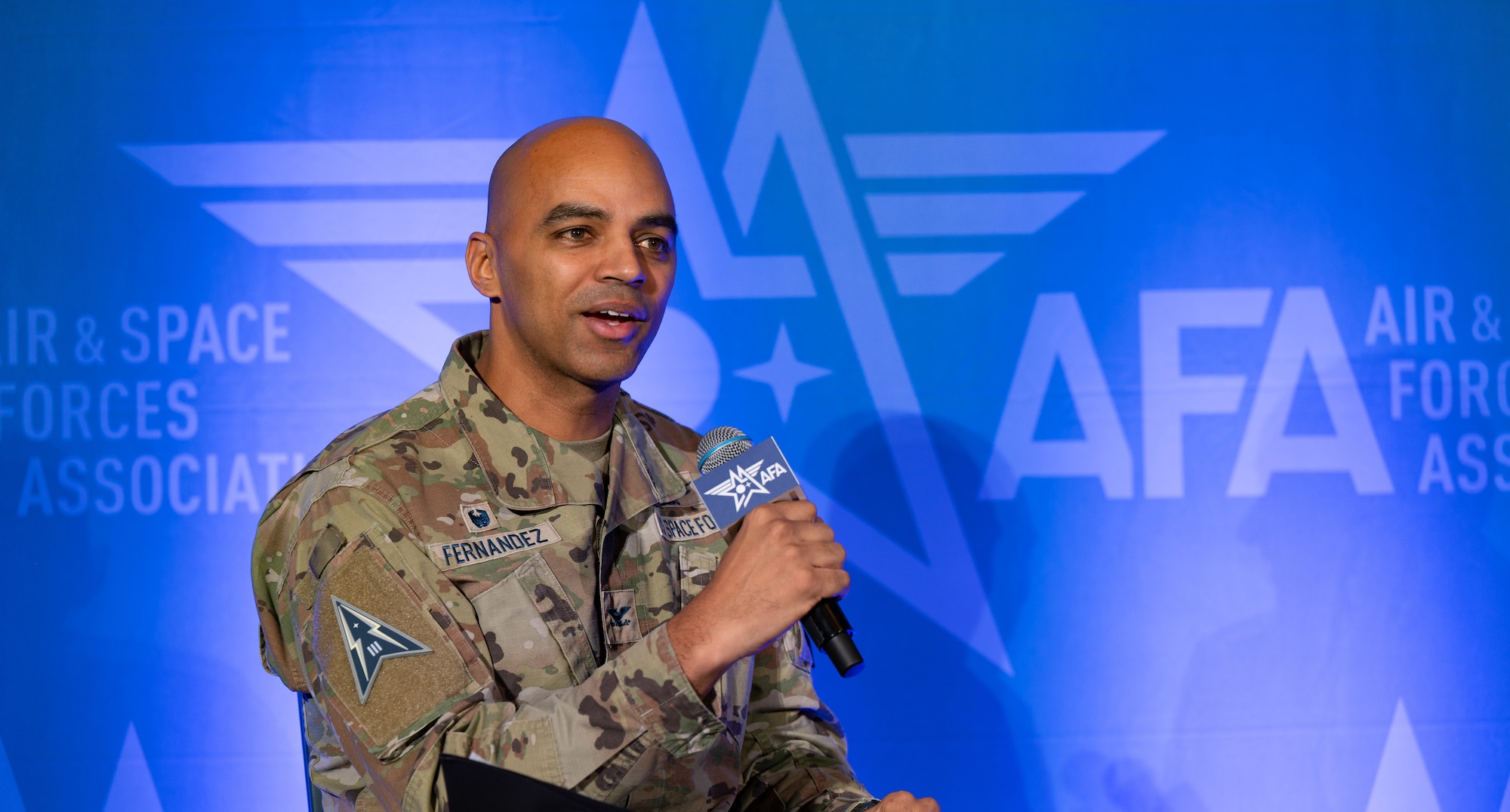 U.S. Space Force Col. Angelo Fernandez, commander of Mission Delta 3, speaks at a panel discussion in Aurora, Colorado, Feb. 24, 2026. (U.S. Space Force photo by Dave Grim)