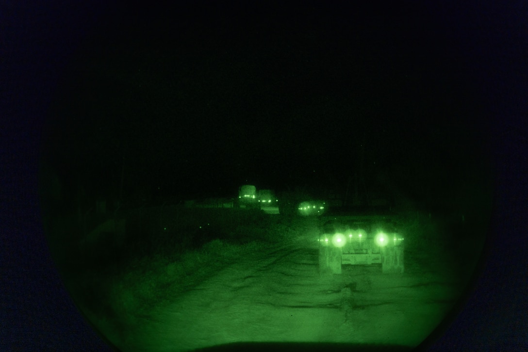 U.S. Marines with Marine Wing Support Squadron 371, Marine Air Control Group 38, 3rd Marine Aircraft Wing, operates tactical vehicles for a night convoy during a company field exercise at Marine Corps Base Camp Pendleton, California, Feb. 25, 2026. The exercise demonstrated the unit’s ability to sustain ground transportation operations for 3rd MAW in support of the Marine Air Ground Task Force. ​(U.S. Marine Corps photo by Lance Cpl. Samantha Devine)