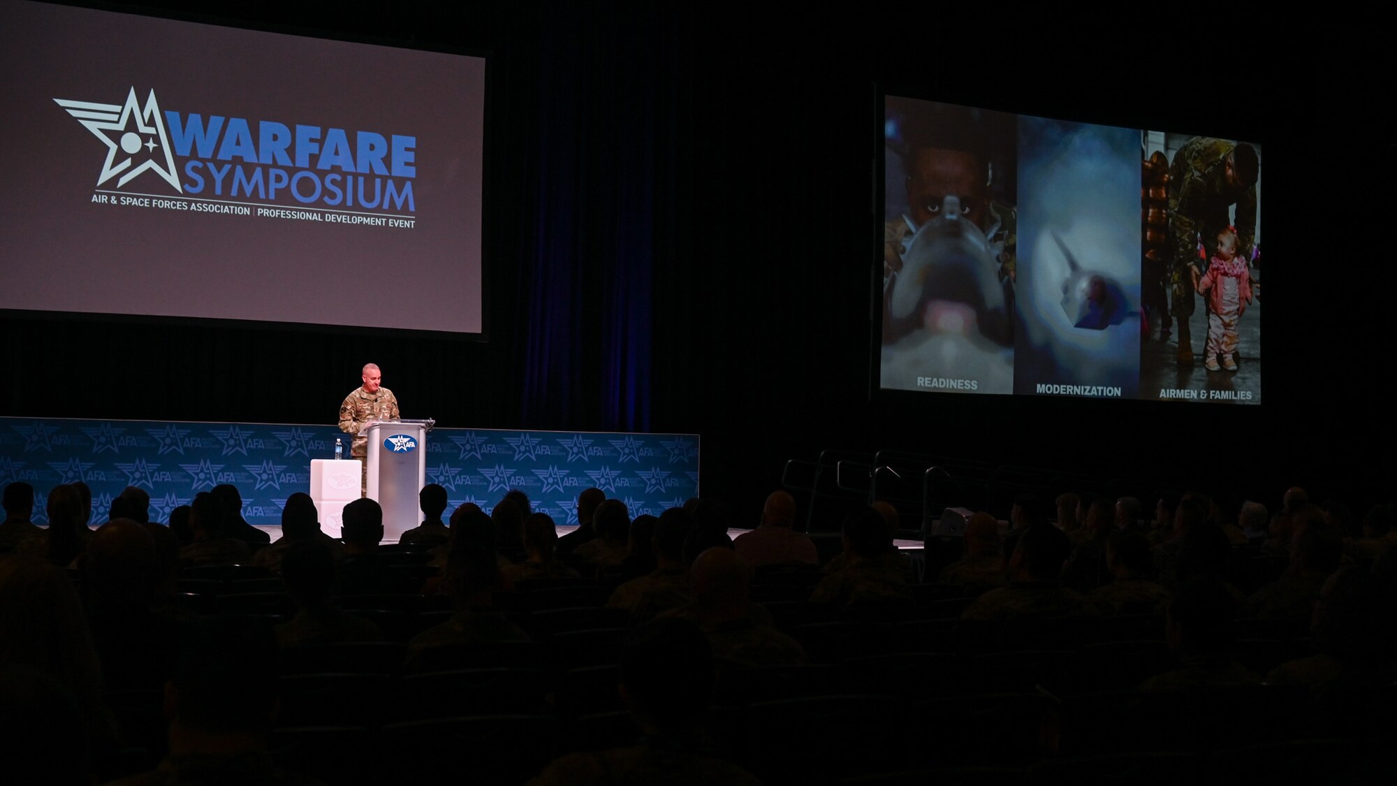 Chief Master Sgt. of the Air Force David Wolfe speaks at the Air Force Association Warfare Symposium Feb. 25, 2026. Wolfe spoke about competence, commitment and attitude. (U.S. Air Force photo by Tech. Sgt. Stuart Bright)