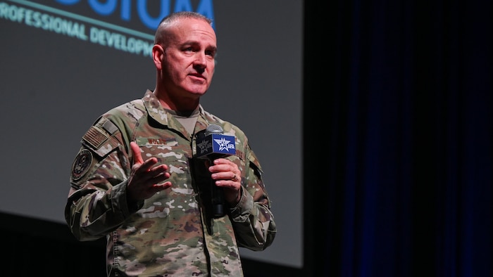 Chief Master Sgt. of the Air Force David Wolfe speaks at the Air Force Association Warfare Symposium Feb. 25, 2026. Wolfe spoke about competence, commitment and attitude. (U.S. Air Force photo by Tech. Sgt. Stuart Bright)