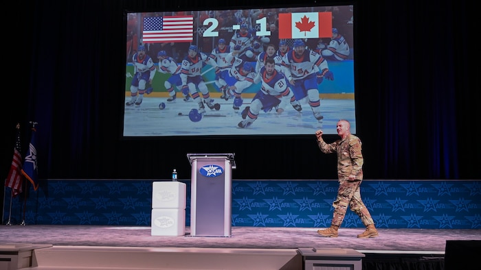 Chief Master Sgt. of the Air Force David Wolfe speaks at the Air Force Association Warfare Symposium Feb. 25, 2026. Wolfe spoke about competence, commitment and attitude. (U.S. Air Force photo by Tech. Sgt. Stuart Bright)