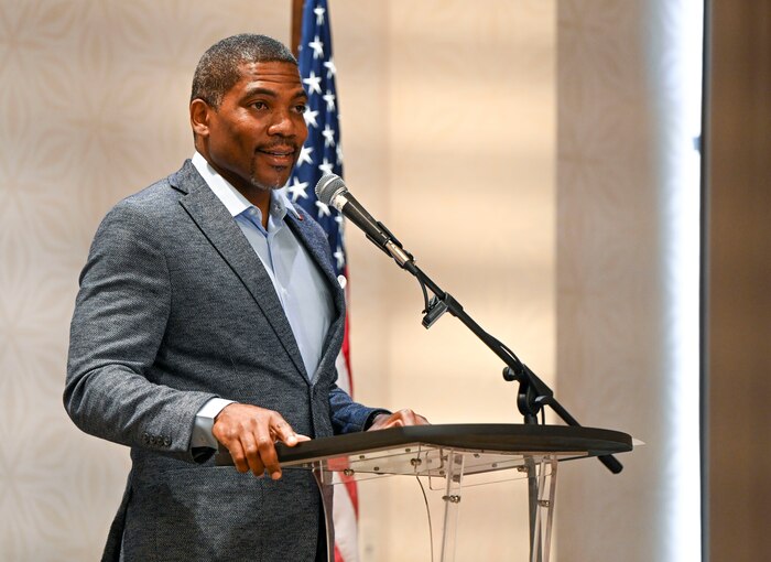 Saint Kitts and Nevis Prime Minister Dr. Terrance Drew provides remarks during the Lesser Antilles Medical Assistance Team (LAMAT) 2026 opening ceremony, in Basseterre, Saint Kitts on Feb. 22, 2026. LAMAT 2026 is part of U.S. Southern Command’s broader health security cooperation engagement efforts across the Caribbean and Latin America. These engagements enhance medical readiness while strengthening trusted partnerships that contribute to a safer and more prepared hemisphere. (U.S. Air Force Photo by Staff Sgt. Dakota Carter)