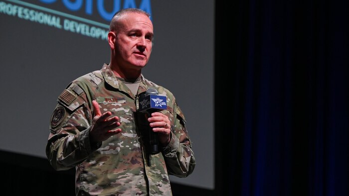 Chief Master Sgt. of the Air Force David Wolfe speaks at the Air Force Association Warfare Symposium Feb. 25, 2026. Wolfe spoke about competence, commitment and attitude. (U.S. Air Force photo by Tech. Sgt. Stuart Bright)