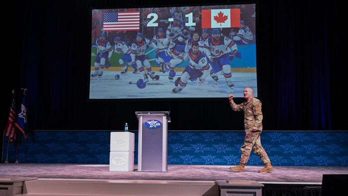 Chief Master Sgt. of the Air Force David Wolfe speaks at the Air Force Association Warfare Symposium Feb. 25, 2026. Wolfe spoke about competence, commitment and attitude. (U.S. Air Force photo by Tech. Sgt. Stuart Bright)