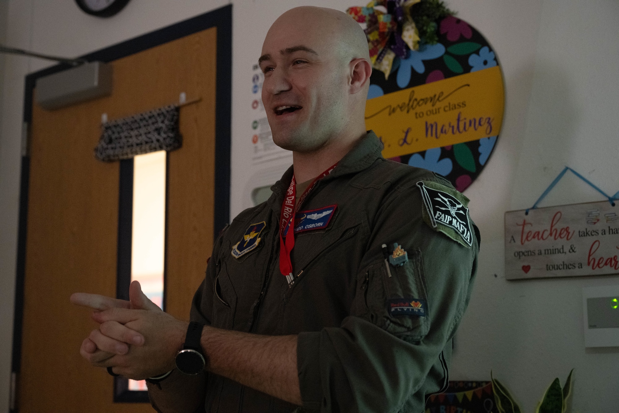 U.S. Air Force 1st Lt. Alex Osborn, 87th Flying Training Squadron T-38 instructor pilot, answers a question at Lamar Elementary School in Del Rio, Texas, Feb. 19, 2026. Osborn taught students about aircraft, G-forces and lift during the Laughlin Buddies afterschool program. (U.S. Air Force photo by Airman 1st Class Darryl Keith)