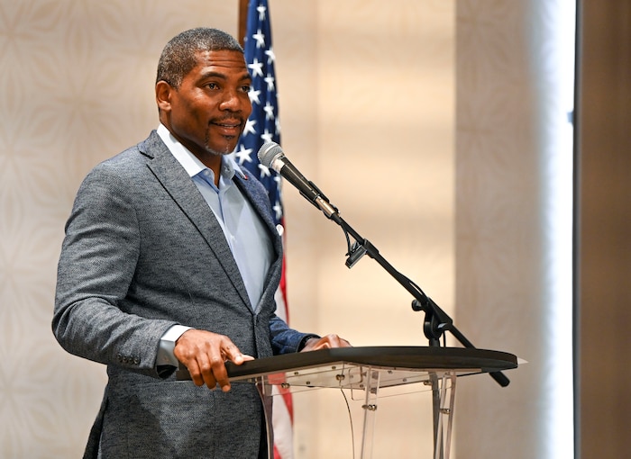 Saint Kitts and Nevis Prime Minister Dr. Terrance Drew provides remarks during the Lesser Antilles Medical Assistance Team (LAMAT) 2026 opening ceremony, in Basseterre, Saint Kitts on Feb. 22, 2026. LAMAT 2026 is part of U.S. Southern Command’s broader health security cooperation engagement efforts across the Caribbean and Latin America. These engagements enhance medical readiness while strengthening trusted partnerships that contribute to a safer and more prepared hemisphere. (U.S. Air Force Photo by Staff Sgt. Dakota Carter)