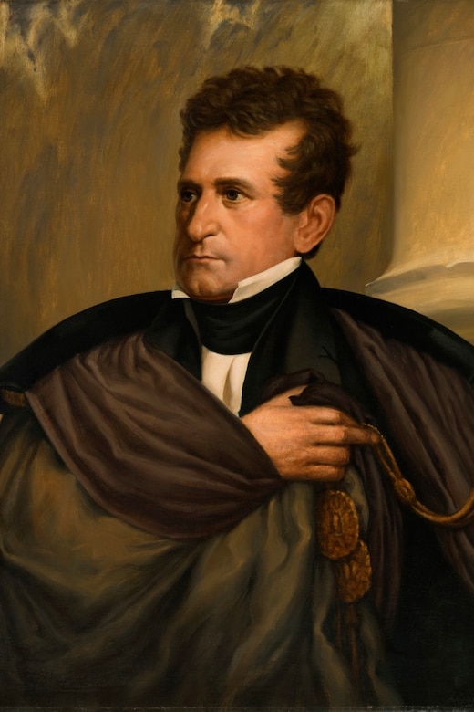 A painting depicts a man in a dark suit.