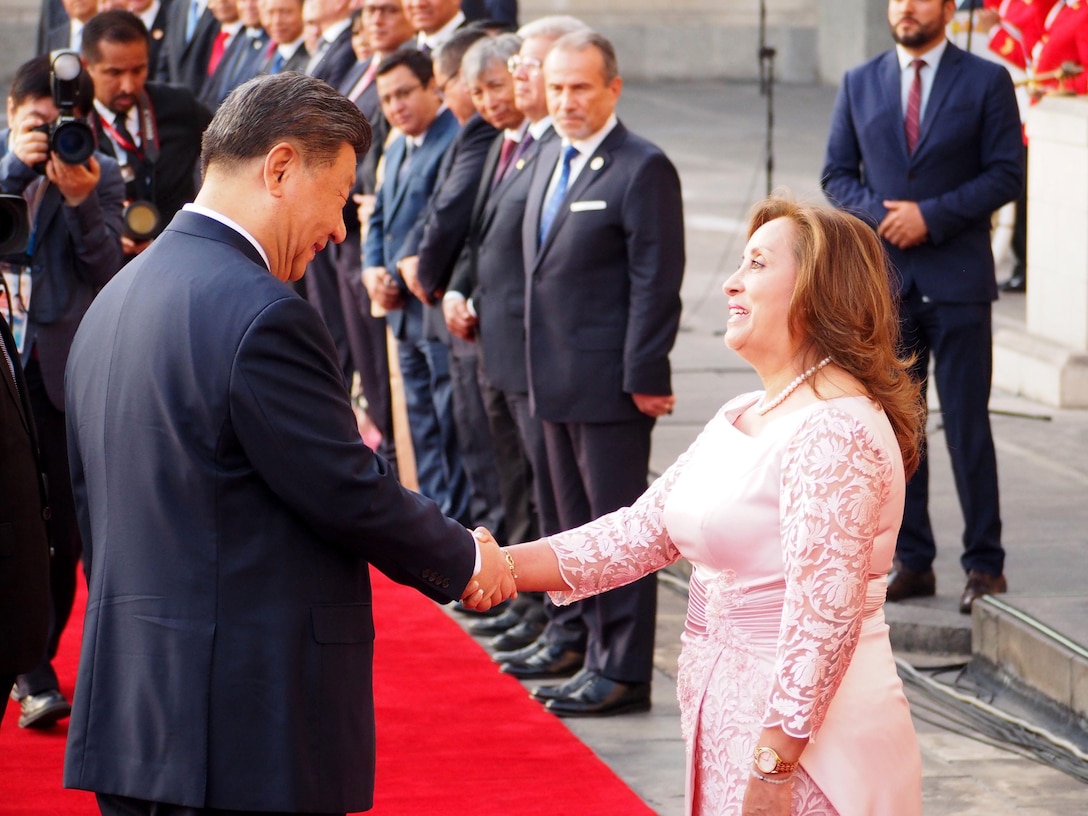During Asia-Pacific Economic Cooperation Peru 2024 Forum, China’s President Xi Jinping meets with Peru’s President Dina Boluarte in Lima to strengthen their strategic partnership and celebrate inauguration of Chancay megaport, November 14, 2024