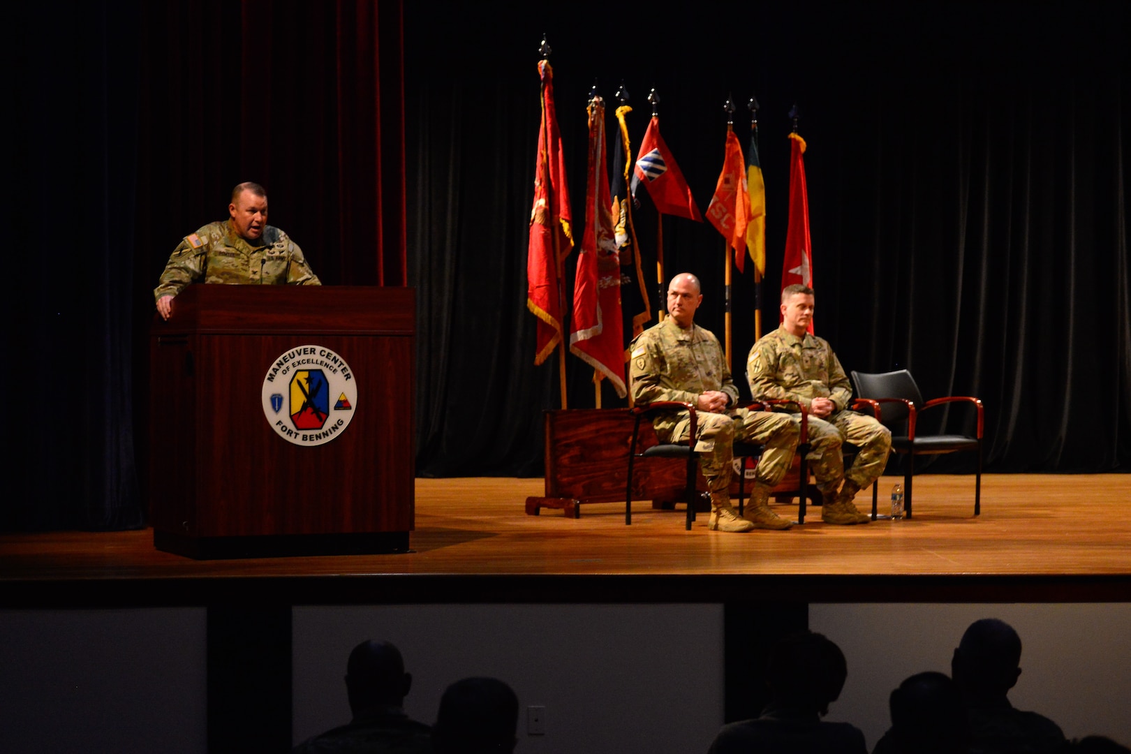Outgoing 648th Maneuver Enhancement Brigade commander, Col. Christopher S. Powell, delivers remarks to Soldiers of the Georgia National Guard during a change of command ceremony, December 13, 2025 at Fort Benning, Ga. (U.S. Army photo by Charles A. Emmons)