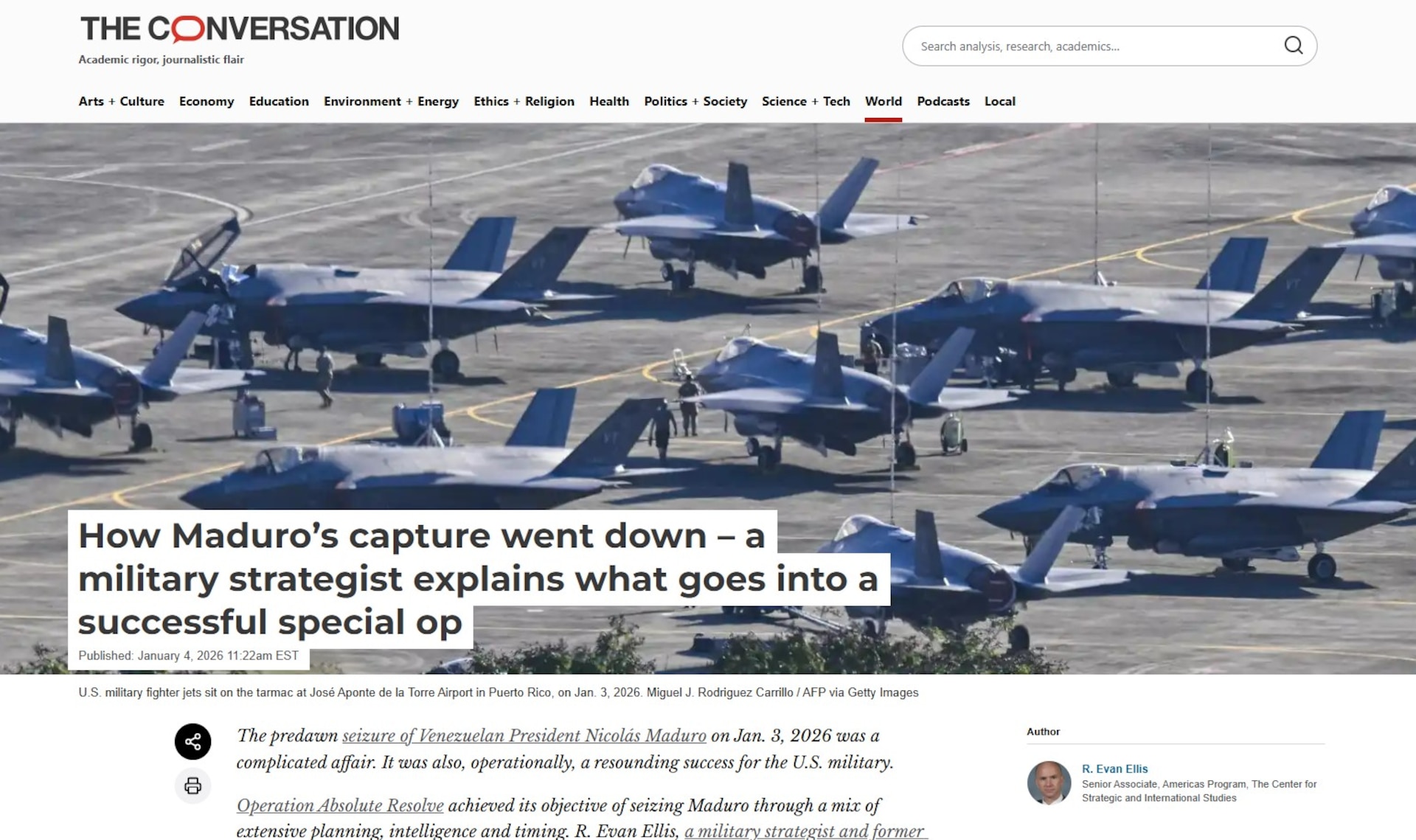 Screenshot of the article covering R. Evan Ellis' interview with "The Conversation"