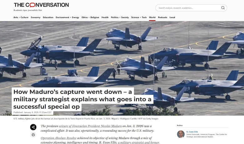 Screenshot of the article covering R. Evan Ellis' interview with "The Conversation"