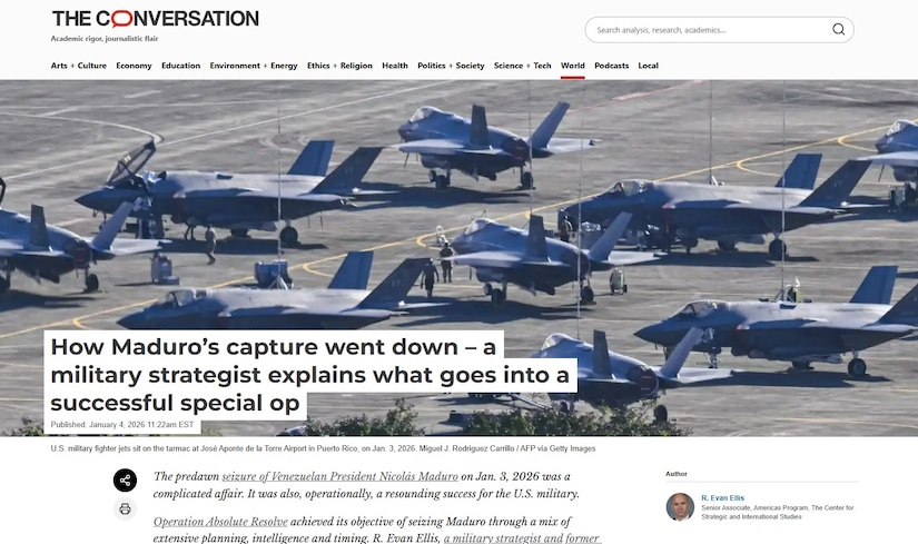 Screenshot of the article covering R. Evan Ellis' interview with "The Conversation"