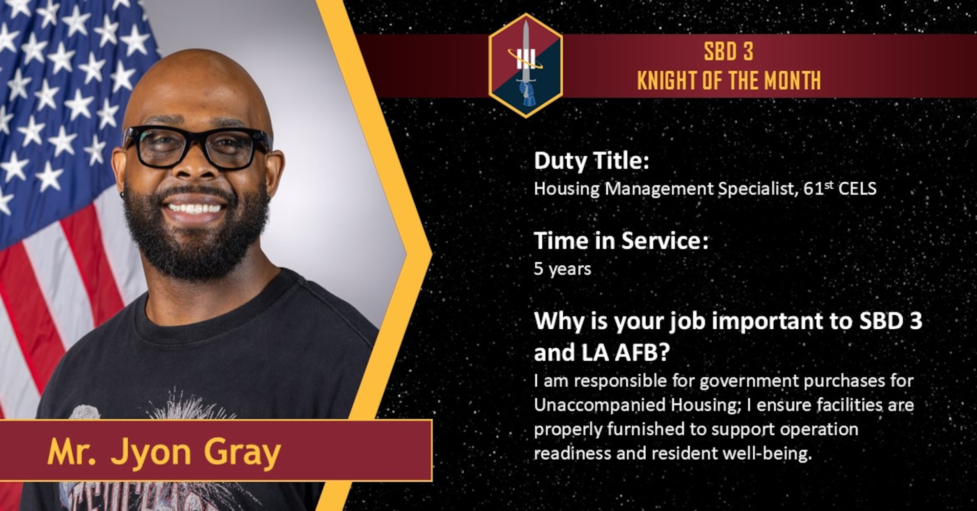 A graphic depicts a man posing in front of an American flag on the left side. On the right side are details about the man pictured; he works in 61st CELS, he has been a federal employee for five years, and his job is important to LA AFB and SBD 3 because he ensures resilience and resident well-being for personnel in unaccompanied housing.