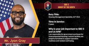 A graphic depicts a man posing in front of an American flag on the left side. On the right side are details about the man pictured; he works in 61st CELS, he has been a federal employee for five years, and his job is important to LA AFB and SBD 3 because he ensures resilience and resident well-being for personnel in unaccompanied housing.