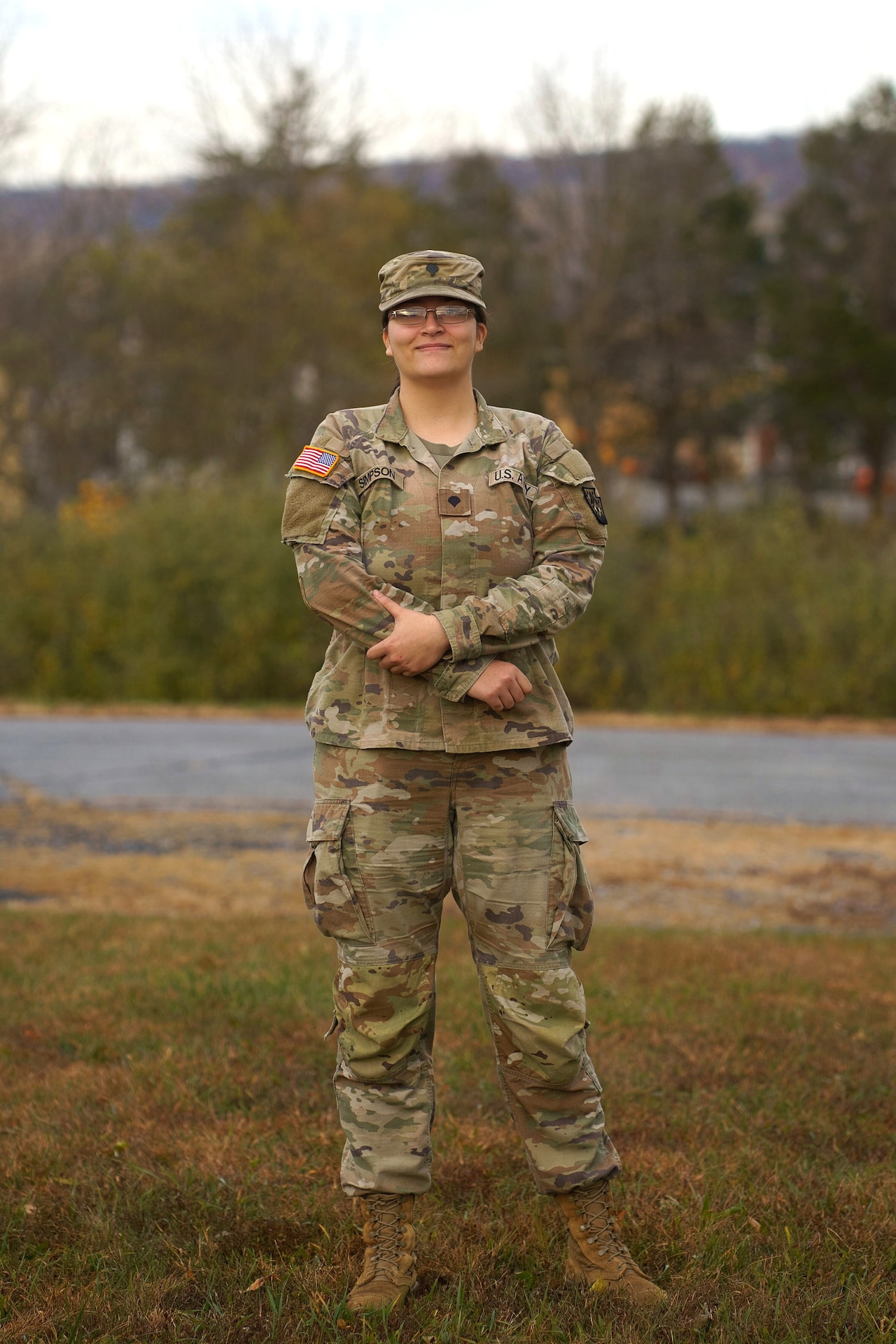 U.S. Army Spc. Skylin Simpson, a mass communications specialist assigned to the 109th Mobile Public Affairs Detachment, 213th Regional Support Group, Pennsylvania National Guard, poses for a portrait at Fort Indiantown Gap, Pennsylvania, Nov. 7, 2025. Members of the 109th MPAD provide transparent, timely and accurate information through the creation of stories, captured images and video productions that showcase military activities across the state and during federal missions. (U.S. Army National Guard photo by Sgt. Du-Marc Mills)