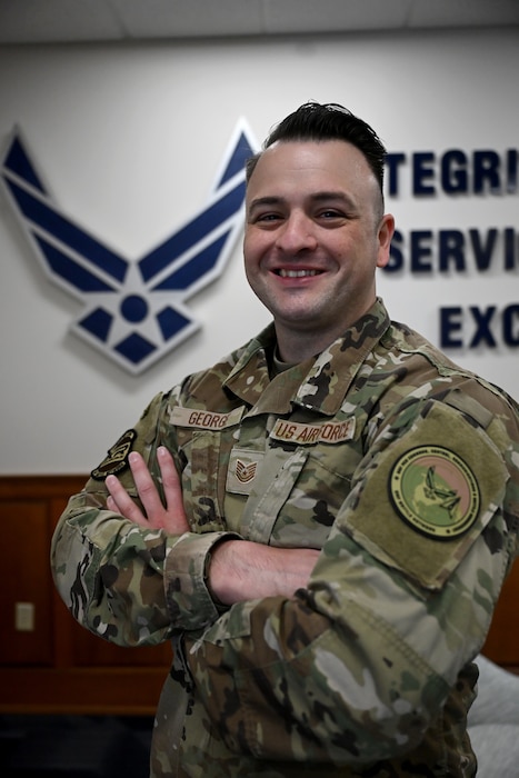 Tech. Sgt. Zackary George poses for a photograph, here, Oct. 21. Kessel Run is part of the Department of the Air Force’s Program Executive Office for Command, Control, Communications and Battle Management. Kessel Run is a division that delivers resilient command and control and targeting software capabilities that provide warfighters with decision advantage. George is a program manager for KR’s Patriot Excalibur. (Official Air Force Photo by Richard Blumenstein)