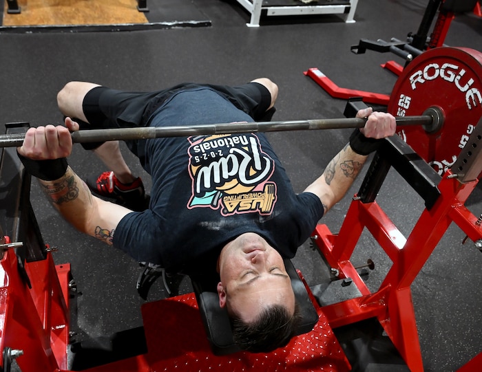 Tech. Sgt. Zackary George trains, here, Oct. 28. George recently won first place in USA Power Lifting’s Masters 1 Division and fifth place in its Raw Open with a combined total lift of 1,407.6 pounds. George is a program manager for Kessel Run’s Patriot Excalibur. Kessel Run is part of the Department of the Air Force’s Program Executive Office for Command, Control, Communications and Battle Management. Kessel Run is a division that delivers resilient command and control and targeting software capabilities that provide warfighters with decision advantage. (Official Air Force Photo by Richard Blumenstein)