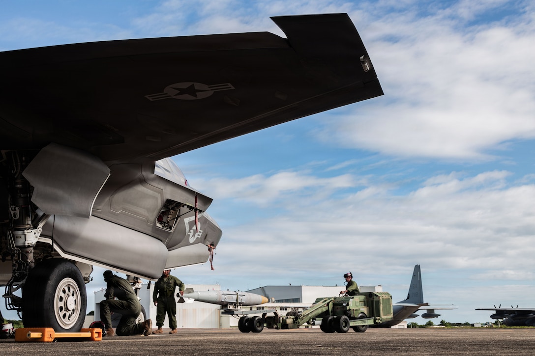A U.S. Marine Corps ordnance technician with Marine Fighter Attack Squadron (VMFA) 225, U.S. Marine Corps Forces, South, utilizes a Short Airfield for Tactical Support weapons loader to load a Laser Joint Directed Attack Munition onto a U.S. Marine Corps F-35B Lightning II assigned to VMFA-225 at Jose Aponte de la Torre Airport in Ceiba, Puerto Rico, Dec. 22, 2025. U.S. military forces are deployed to the Caribbean in support of the U.S. Southern Command mission, Department of War-directed operations, and the president’s priorities to disrupt illicit drug trafficking and protect the homeland. (U.S. Marine Corps photo)