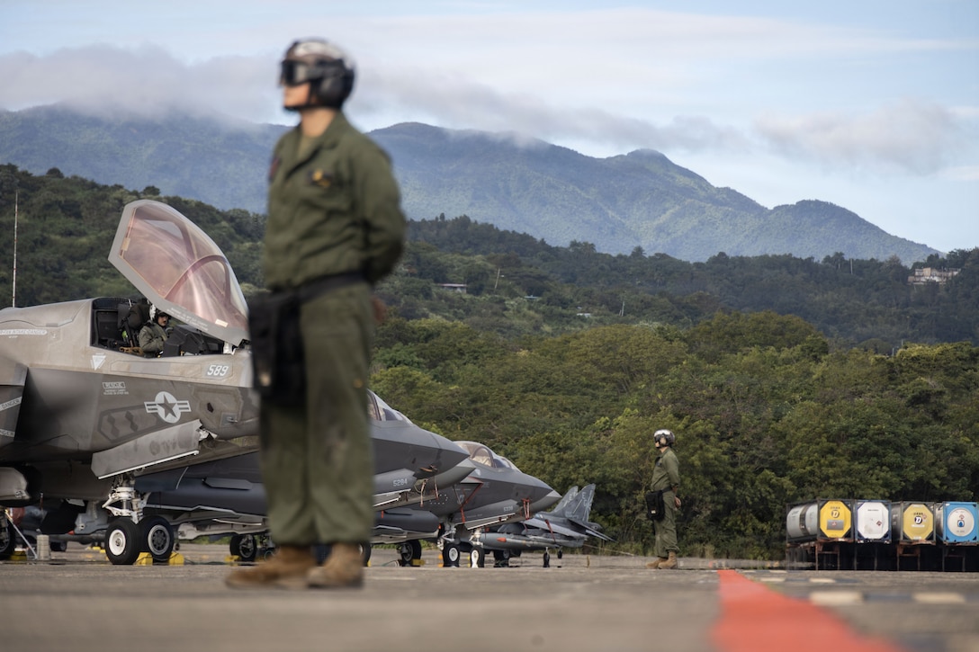 U.S. Marine Corps plane captains with Marine Fighter Attack Squadron (VMFA) 225, U.S. Marine Corps Forces, South, prepare to launch U.S. Marine Corps F-35B Lightning II aircraft assigned to VMFA-225 at Jose Aponte de la Torre Airport in Ceiba, Puerto Rico, Dec. 22, 2025. U.S. military forces are deployed to the Caribbean in support of the U.S. Southern Command mission, Department of War-directed operations, and the president’s priorities to disrupt illicit drug trafficking and protect the homeland. (U.S. Marine Corps photo)