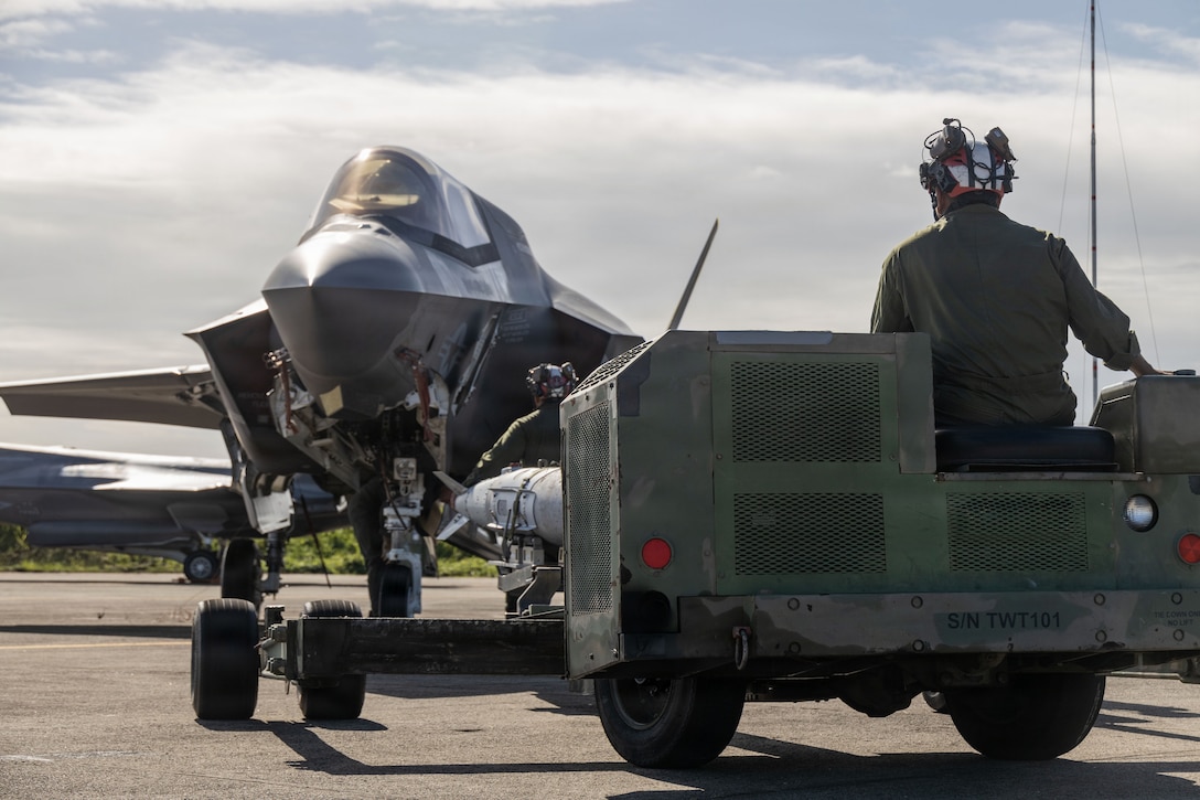 A U.S. Marine Corps ordnance technician with Marine Fighter Attack Squadron (VMFA) 225, U.S. Marine Corps Forces, South, utilizes a Short Airfield for Tactical Support weapons loader to load a Laser Joint Directed Attack Munition onto a U.S. Marine Corps F-35B Lightning II assigned to VMFA-225 at Jose Aponte de la Torre Airport in Ceiba, Puerto Rico, Dec. 22, 2025. U.S. military forces are deployed to the Caribbean in support of the U.S. Southern Command mission, Department of War-directed operations, and the president’s priorities to disrupt illicit drug trafficking and protect the homeland. (U.S. Marine Corps photo)