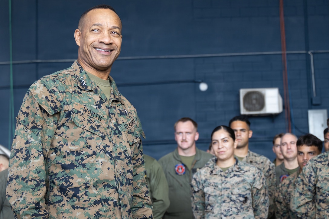 U.S. Marine Corps Lt. Gen. Calvert L. Worth, commanding general, II Marine Expeditionary Force, speaks to U.S. Marines with Marine Fighter Attack Squadron (VMFA) 225, U.S. Marine Corps Forces, South, at Jose Aponte de la Torre Airport in Ceiba, Puerto Rico, Dec. 12, 2025. U.S. military forces are deployed to the Caribbean in support of the U.S. Southern Command mission, Department of War-directed operations, and the president’s priorities to disrupt illicit drug trafficking and protect the homeland. (U.S. Marine Corps photo)