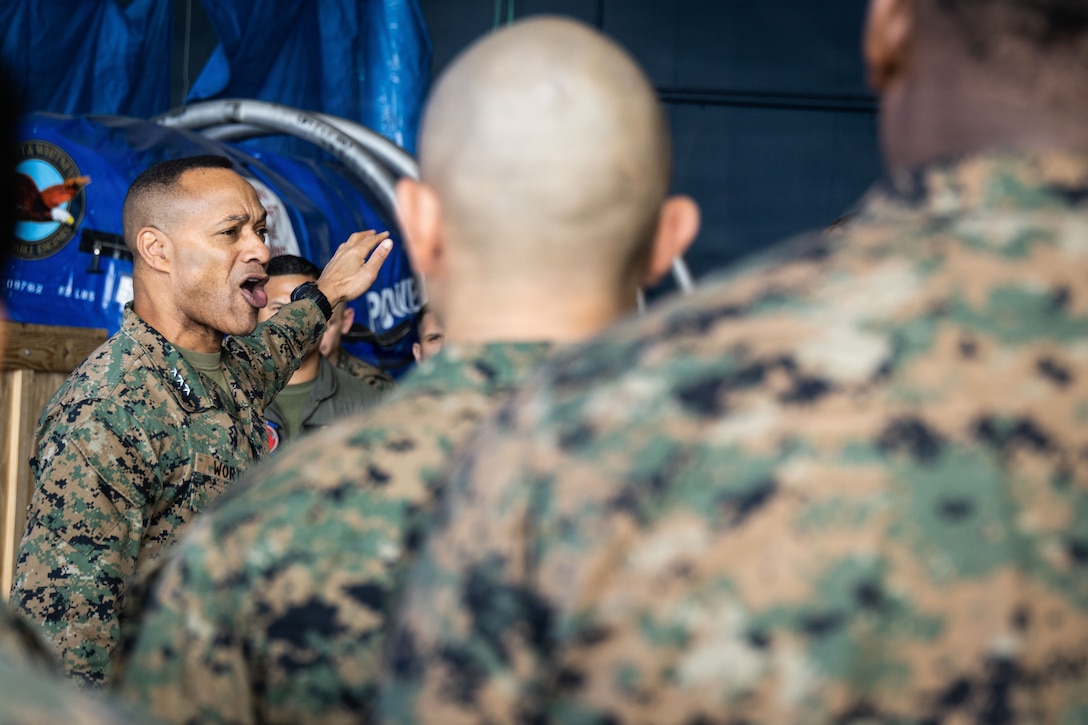 U.S. Marine Corps Lt. Gen. Calvert L. Worth, commanding general, II Marine Expeditionary Force, speaks to U.S. Marines with Marine Fighter Attack Squadron (VMFA) 225, U.S. Marine Corps Forces, South, at Jose Aponte de la Torre Airport in Ceiba, Puerto Rico, Dec. 12, 2025. U.S. military forces are deployed to the Caribbean in support of the U.S. Southern Command mission, Department of War-directed operations, and the president’s priorities to disrupt illicit drug trafficking and protect the homeland. (U.S. Marine Corps photo)