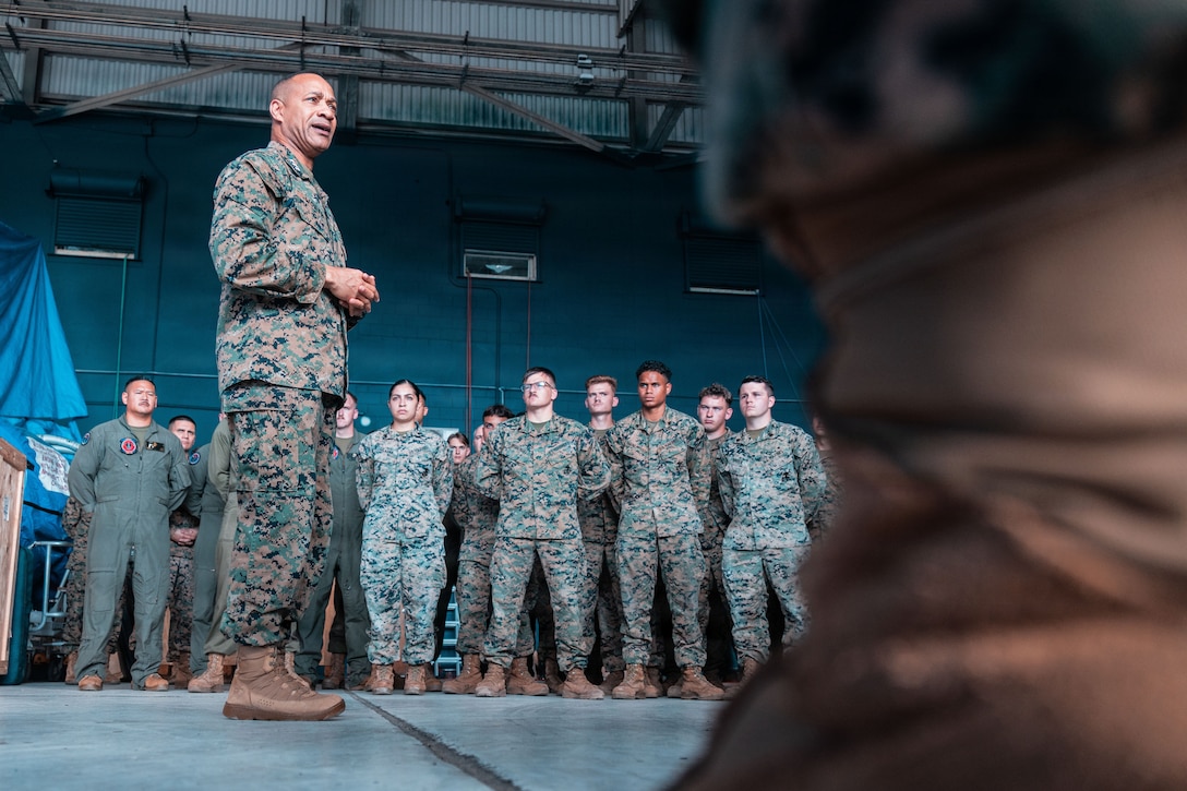 U.S. Marine Corps Lt. Gen. Calvert L. Worth, commanding general, II Marine Expeditionary Force, speaks to U.S. Marines with Marine Fighter Attack Squadron (VMFA) 225, U.S. Marine Corps Forces, South, at Jose Aponte de la Torre Airport in Ceiba, Puerto Rico, Dec. 12, 2025. U.S. military forces are deployed to the Caribbean in support of the U.S. Southern Command mission, Department of War-directed operations, and the president’s priorities to disrupt illicit drug trafficking and protect the homeland. (U.S. Marine Corps photo
