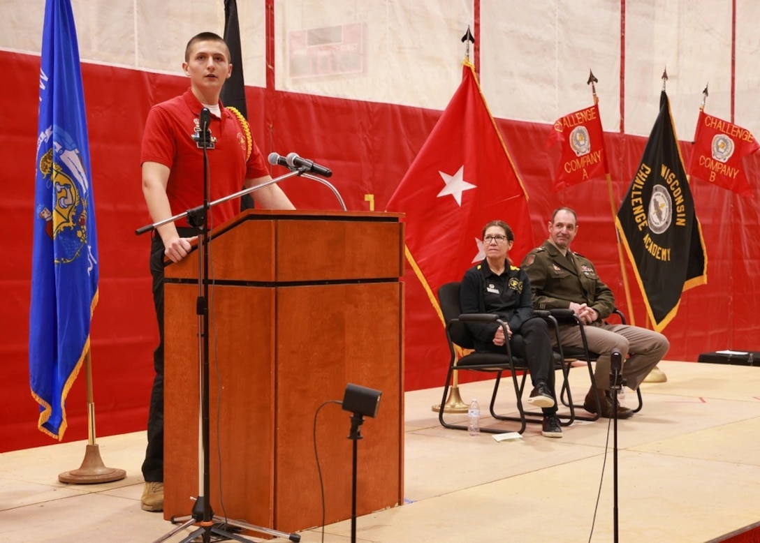 A cadet at a podium giving a speech