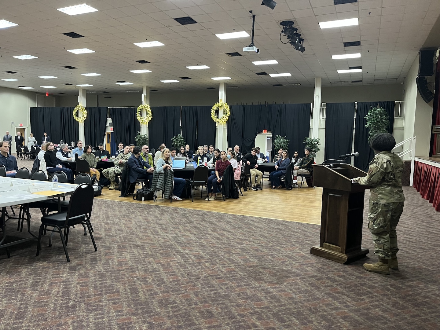 U.S. Air Force Brig. Gen. Gwendolyn A Foster, 59th Medical Wing Commander, addresses attendees during a science and technology symposium hosted by the 59th Medical Wing at Joint Base San Antonio–Lackland, Texas, on Jan. 6, 2026.